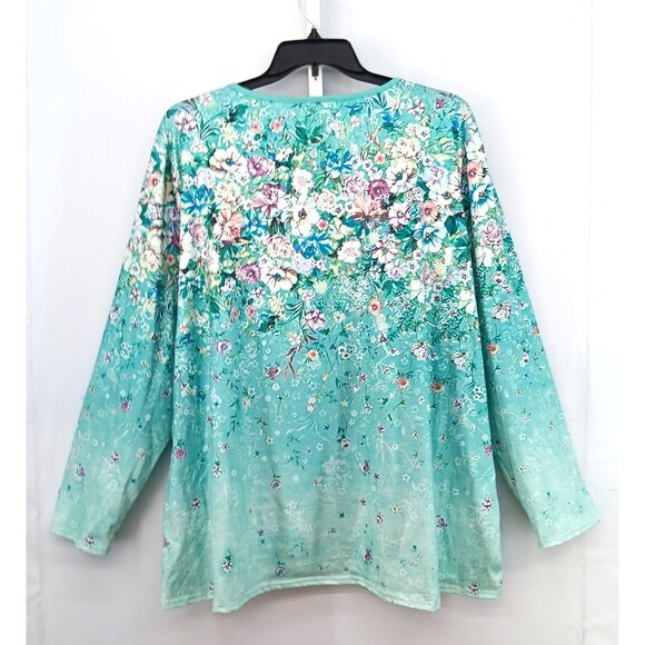 Women Shirt Plus Size 3XL Light Turquoise Floral Henley Long Sleeve Casual Top - Picture 3 of 5